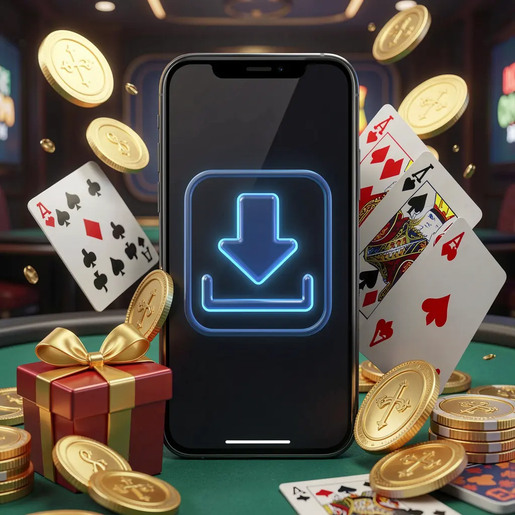 Smartphone displaying a download icon surrounded by golden coins, a gift box, and playing cards, illustrating the MY9988 casino app download concept in a modern mobile gaming atmosphere