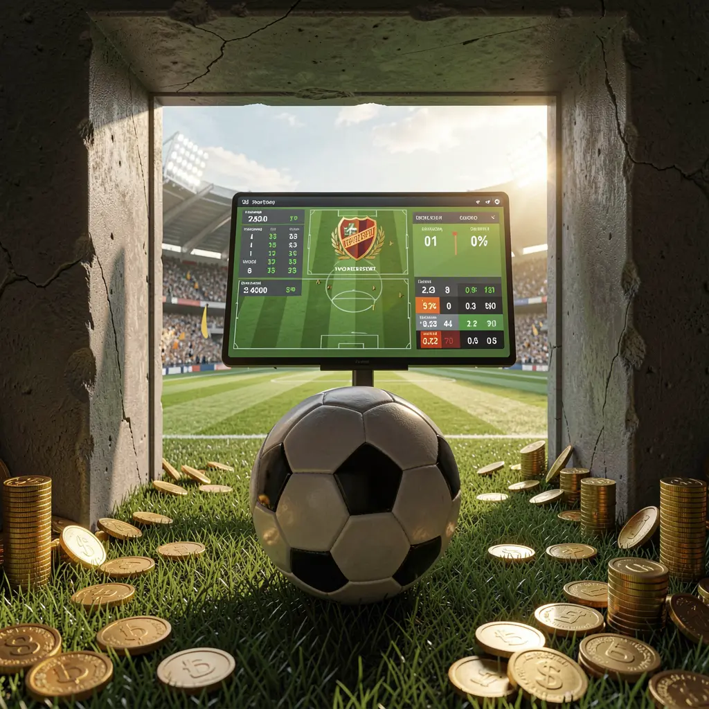 MY9988 football betting platform scene showing a dramatic stadium tunnel opening to a bright field with a soccer ball in the foreground, digital odds graphics, and gold coins in a realistic cinematic render