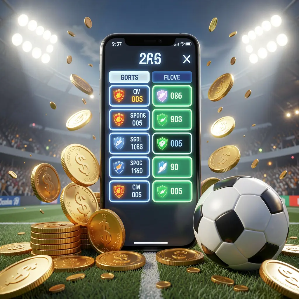 MY9988 modern football betting visual featuring a smartphone with glowing sports odds interface, a soccer ball, golden coins, and stadium lights in a premium 3D illustration