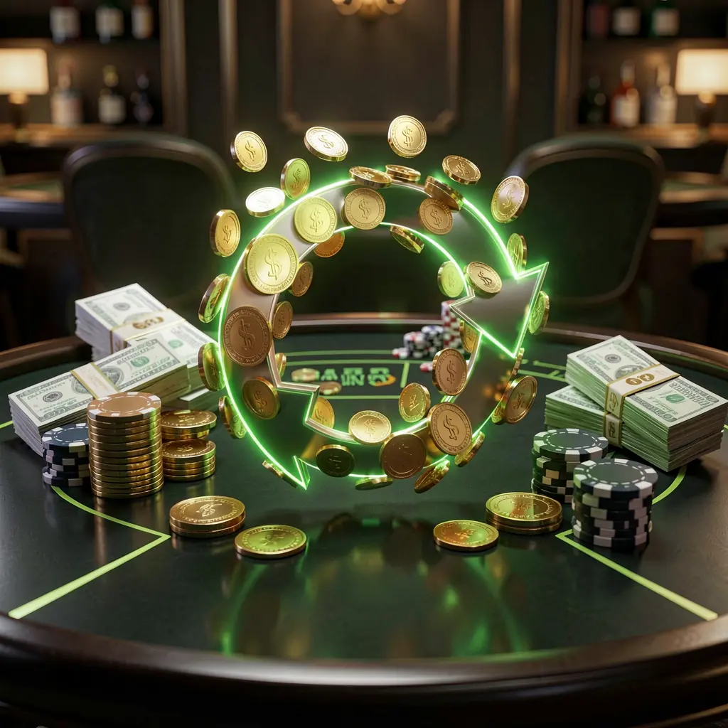 MY9988 casino cashback bonus visual featuring golden coins returning in a circular arrow motion with poker chips and cash bundles on a glossy dark table illuminated by glowing green and gold accents in a premium online casino style