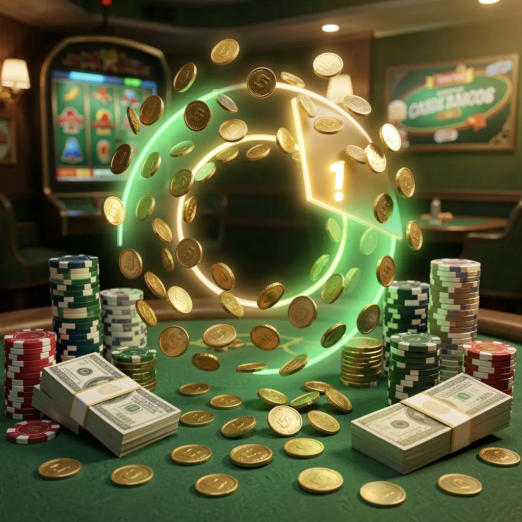 Realistic 3D render of a cashback casino bonus scene featuring coins moving in a circular arrow, stacks of chips, and cash bundles with green and gold glow, showcasing MY9988 brand