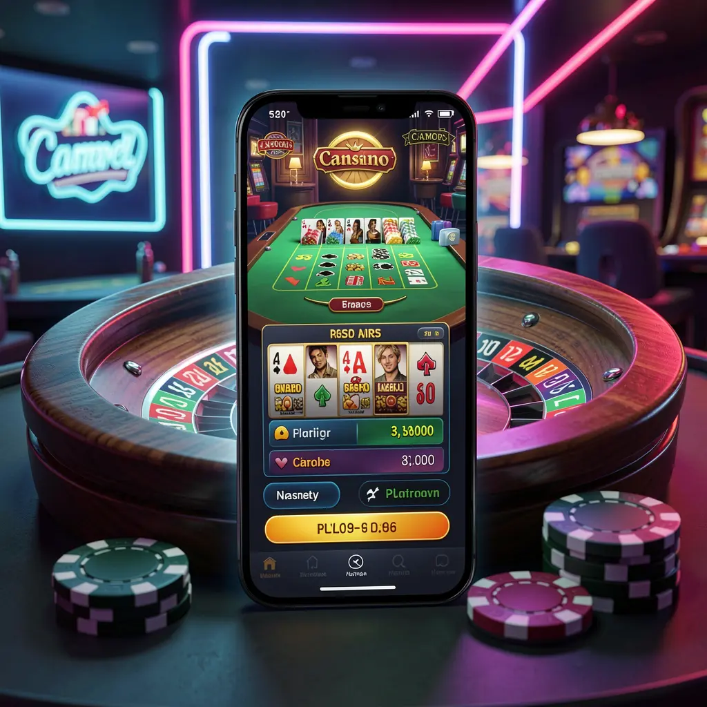 3D realistic render of an online casino platform on a smartphone with glowing roulette wheel and poker chips, set against a premium neon background, showcasing MY9988 casino brand
