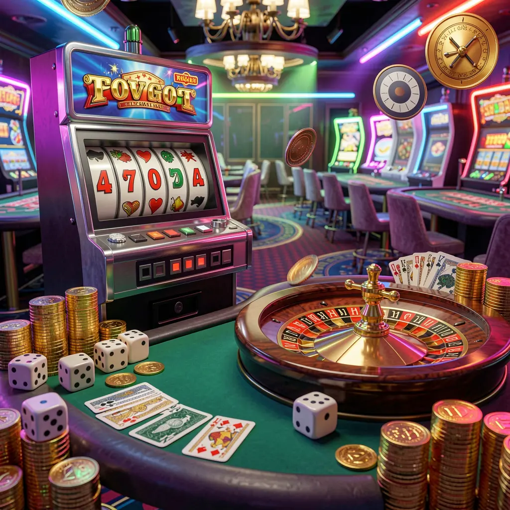 Exciting casino entertainment scene featuring MY9988 slot machine, roulette wheel, dice, cards, and golden coins under colorful neon lights in a premium atmosphere