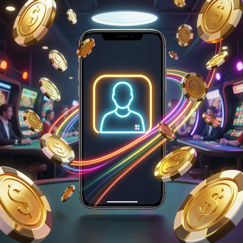 High detail 3D render of a fast casino login banner featuring a smartphone with a bright user icon, speed light trails, and golden coins and chips flying around in a modern neon casino style, showcasing MY9988 brand