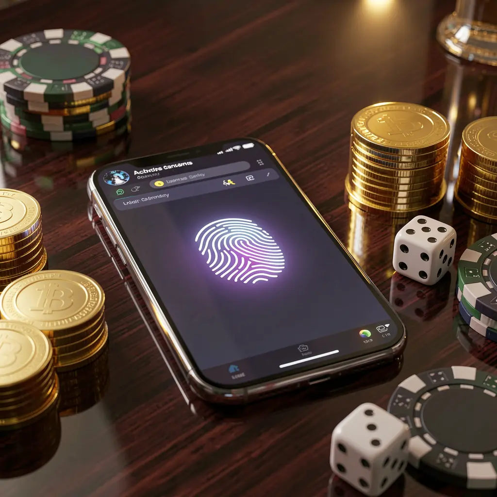 MY9988 online gaming account access scene showing a smartphone with a glowing fingerprint icon surrounded by golden coins, dice, and poker chips on a glossy table under cinematic lighting