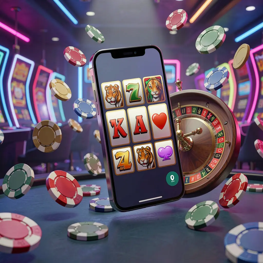 MY9988 casino entertainment homepage concept featuring a modern mobile phone surrounded by slot symbols, a roulette wheel, chips, and coins floating against a neon casino background in a premium 3D render MY9988 casino entertainment homepage concept featuring a modern mobile phone surrounded by slot symbols, a roulette wheel, chips, and coins floating against a neon casino background in a premium 3D render
